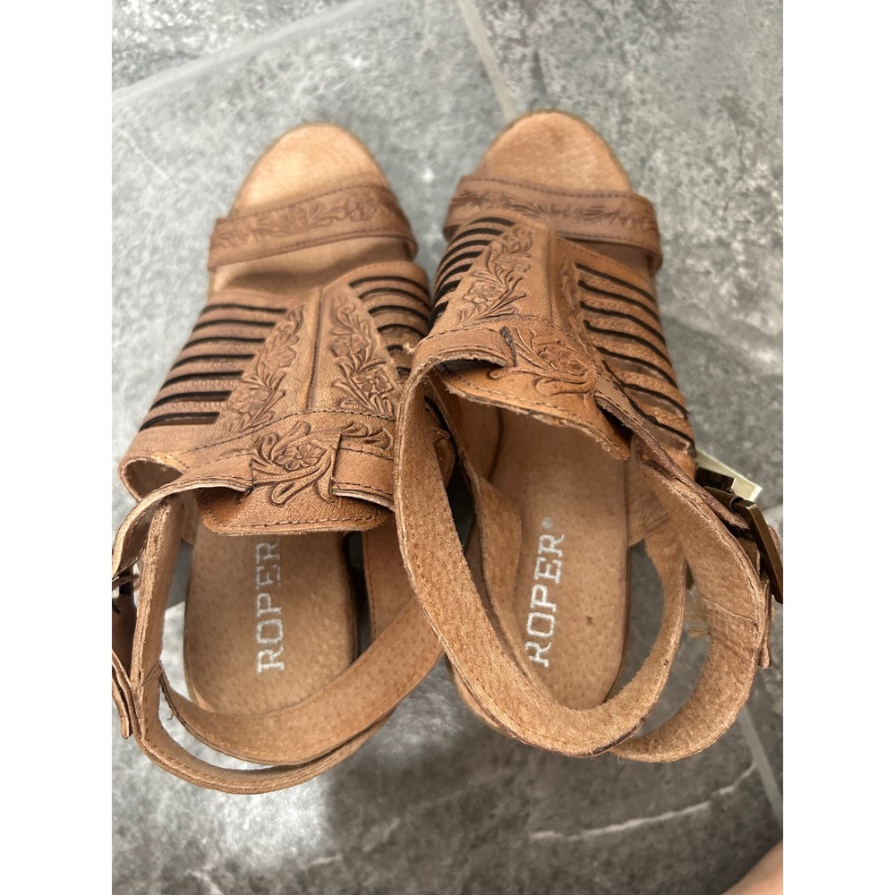 NWT Roper Mika lll Leather Open Toe Cognac Heel Strappy Sandal Size 8 Western - Picture 5 of 14